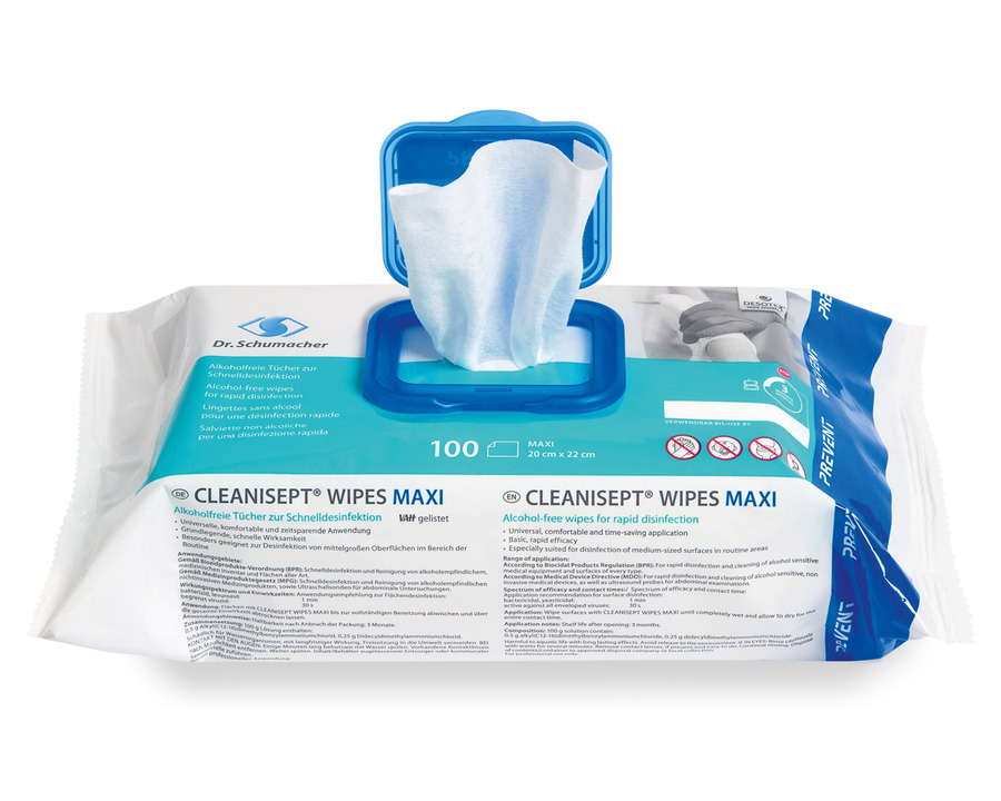 Dr. Schumacher Desinfektionstücher "Cleanisept Wipes Maxi", für Oberflächen 100St.