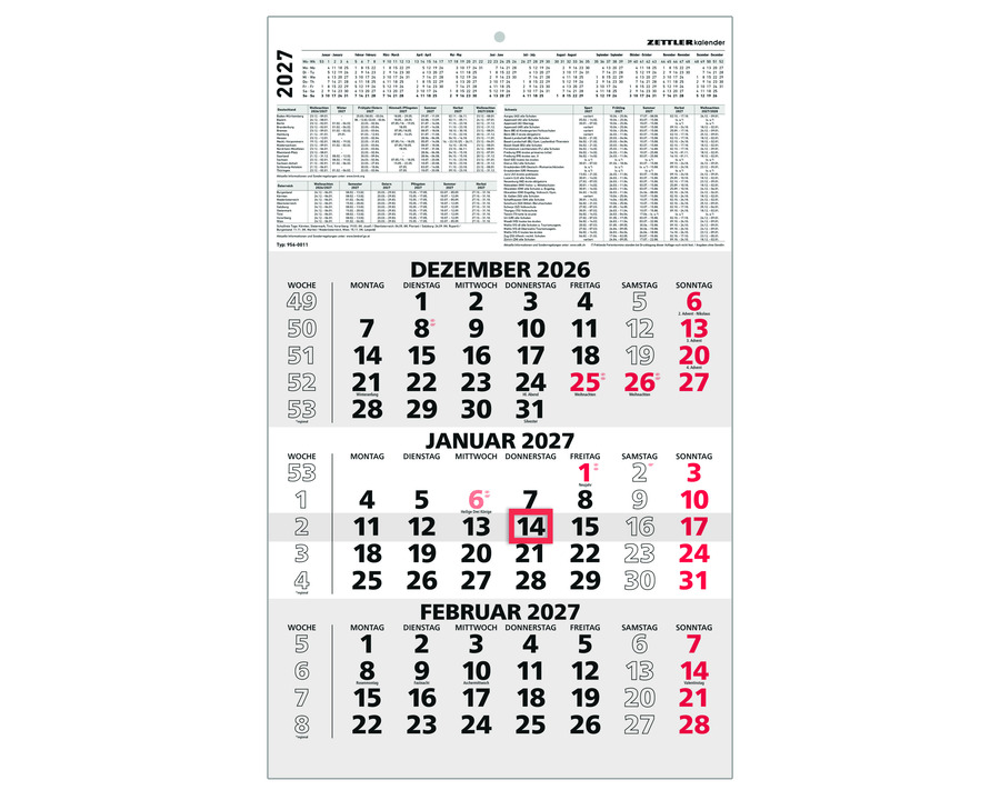 Zettler Dreimonatskalender 2027 "956" 29,7 x 48,5 cm 1 Seite = 3 Monate