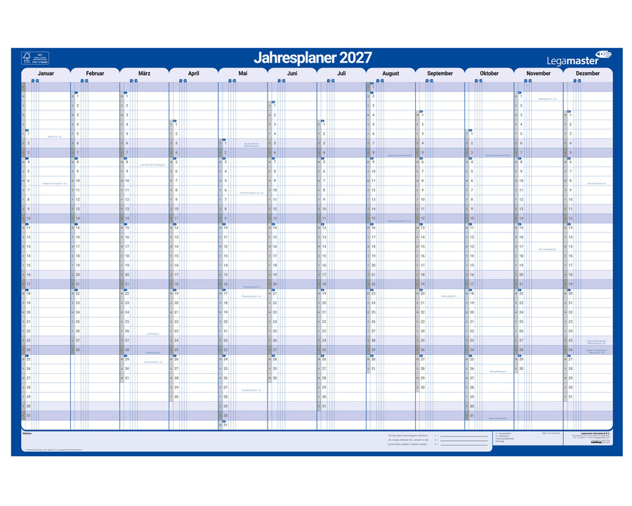Legamaster Jahresplaner 2027, abwischbar, gerollt 60 x 90 cm 1 Seite = 12 Monate