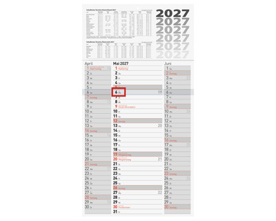 Brunnen Dreimonatskalender 2027 30 x 60 cm 1 Seite = 3 Monate
