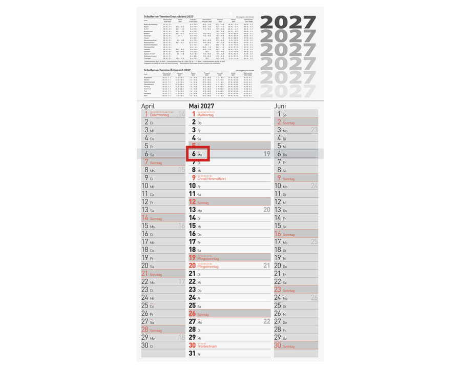 Brunnen Dreimonatskalender 2027 30 x 60 cm 1 Seite = 3 Monate