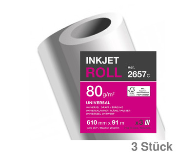 Clairefontaine Rollen-Plotterpapier "Inkjet Universal" 80g/m² 610 mm (24") x 91 m 3St.