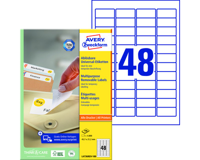 Avery Zweckform Etiketten A4, ablösbar weiß 45,7 x 21,2 mm 4800Et.