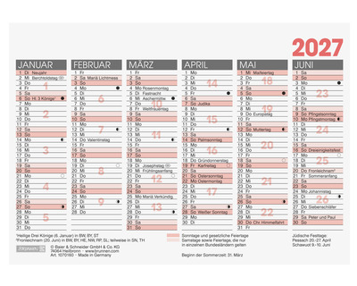 Brunnen Tafelkalender 2027 14,8 x 10,5 cm 1 Seite = 6 Monate