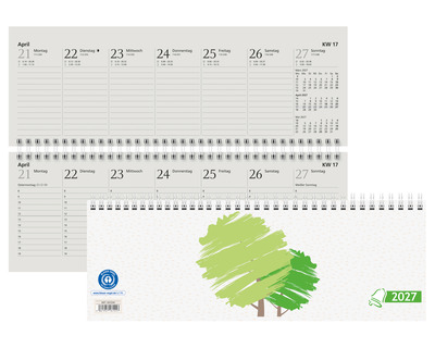 Glocken Querterminkalender 2027, Recyclingpapier weiß/grün 2 Seiten = 1 Woche
