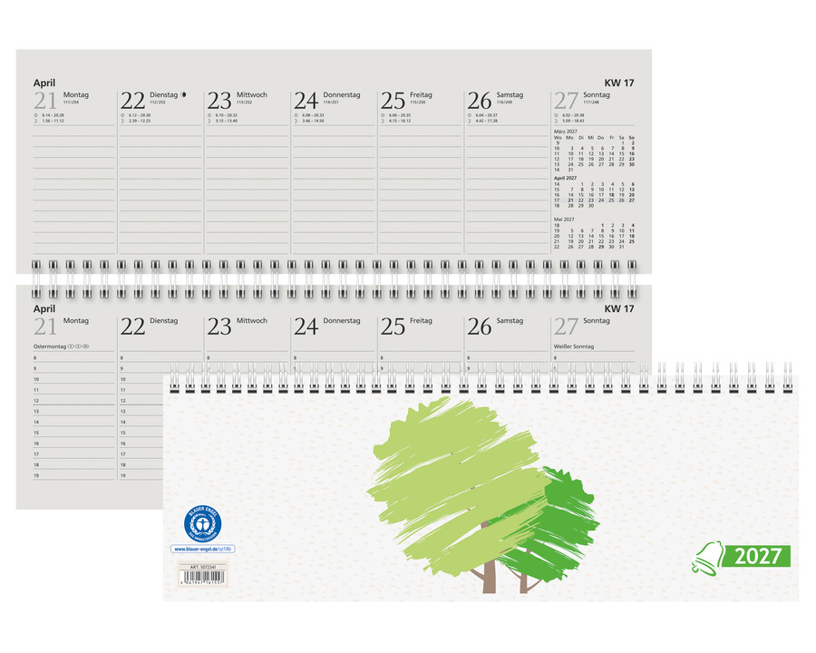 Glocken Querterminkalender 2027, Recyclingpapier weiß/grün 2 Seiten = 1 Woche