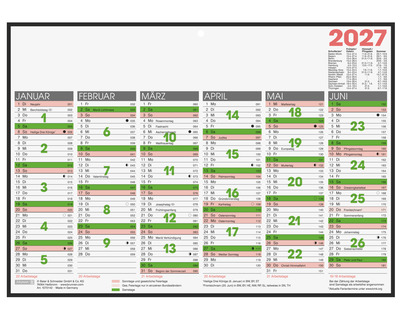 Brunnen Tafelkalender 2027, kaschiert 29,7 x 21 cm 1 Seite = 6 Monate