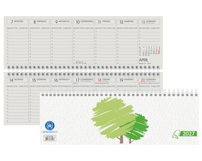 Glocken Querterminkalender 2027, Recyclingpapier weiß/grün 1 Seite = 1 Woche