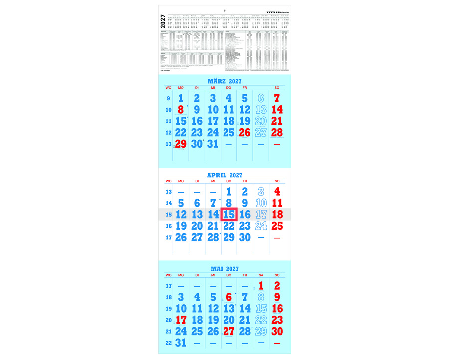 Zettler Dreimonatskalender 2027 "952" 29,7 x 78 cm 1 Seite = 3 Monate