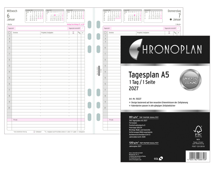 Chronoplan Kalendarium "Tagesplan A5" 148 x 210 mm 1 Seite = 1 Tag