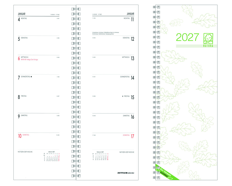 Zettler Vormerkkalender 2027 "718", Recyclingpapier weiß 1 Seite = 1 Woche