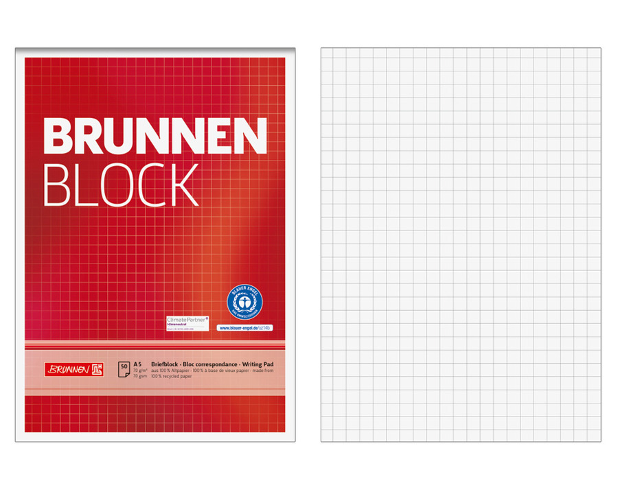 Brunnen Briefblock A5 "Brunnen Block", Recyclingpapier kariert (Lineatur 5) 70g/m² 50Bl.