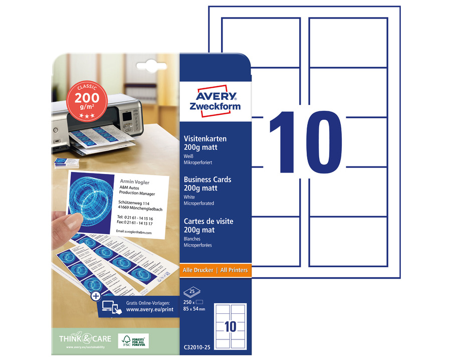 Avery Zweckform Visitenkarten "Classic" 200g/m² weiß, für Inkjet&Laser 250St.