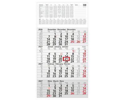 HK Viermonatskalender 2027, Recyclingpapier 30 x 56 cm 1 Seite = 4 Monate