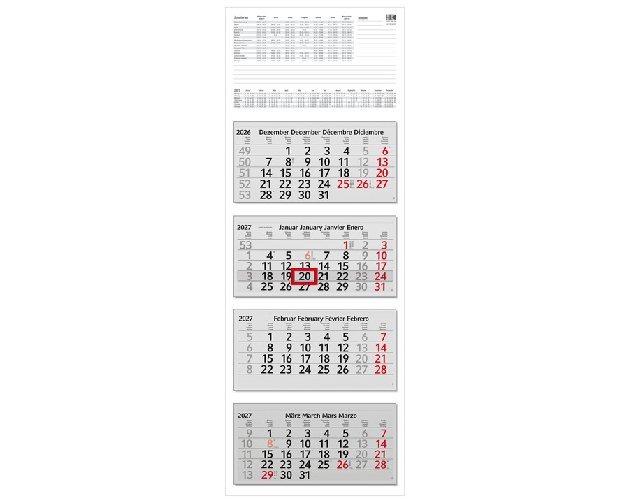 HK Viermonatskalender 2027 33 x 90 cm 1 Seite = 4 Monate