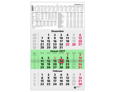Zettler Dreimonatskalender 2027 "956", Recyclingpapier 29,7 x 48,5 cm 1 Seite = 3 Monate