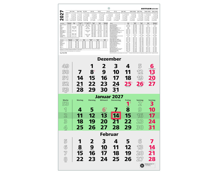 Zettler Dreimonatskalender 2027 "956", Recyclingpapier 29,7 x 48,5 cm 1 Seite = 3 Monate