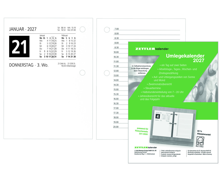 Zettler Umlegekalender 2027 "336" 80 x 108 mm 1 Seite = 1 Tag