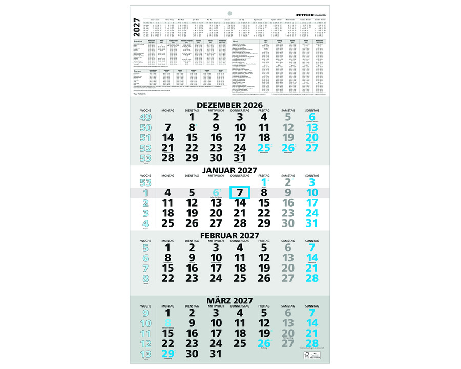 Zettler Viermonatskalender 2027 "959" 33 x 58,8 cm 1 Seite = 4 Monate