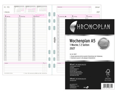 Chronoplan Kalendarium 2027 "Wochenplan A5" 148 x 210 mm 2 Seiten = 1 Woche