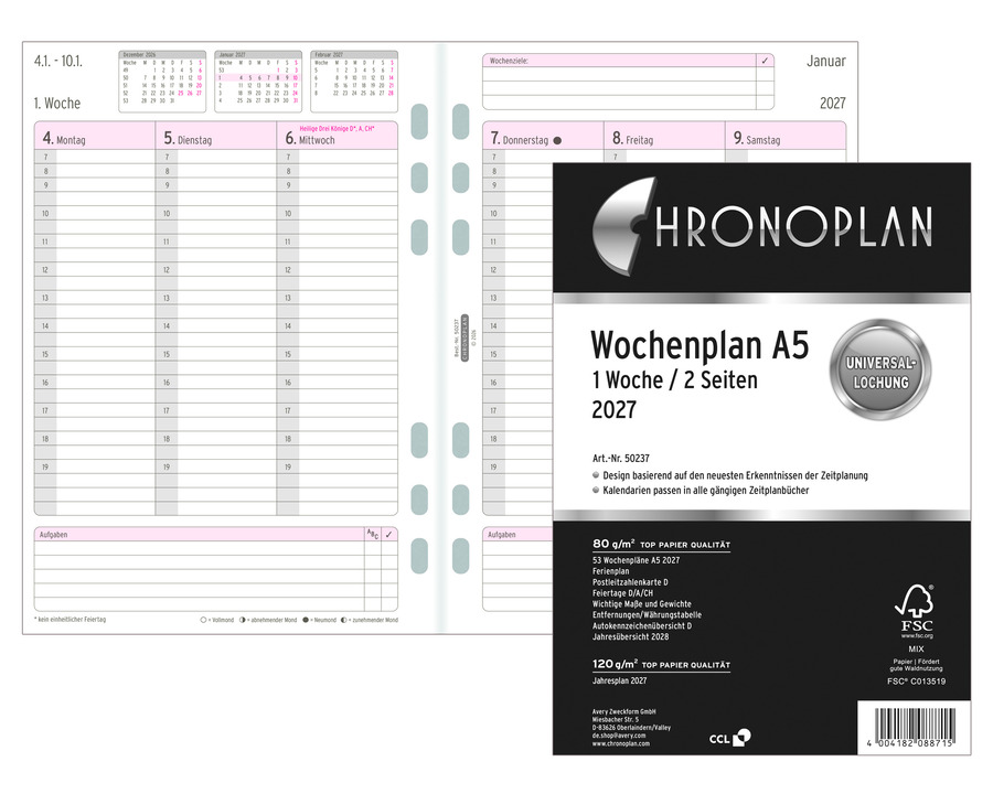 Chronoplan Kalendarium 2027 "Wochenplan A5" 148 x 210 mm 2 Seiten = 1 Woche