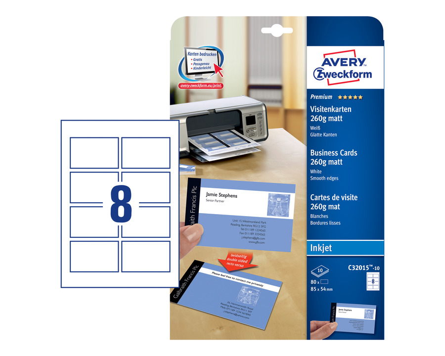 Avery Zweckform Visitenkarten "Premium", 260 g/m² weiß matt Inkjet 80St.