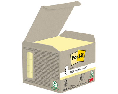 Post-it Haftnotizen "Z-Notes", Recyclingpapier gelb 76 x 76 mm 6x100Bl.