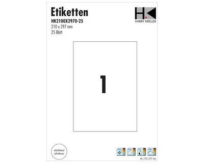 Etiketten A4 weiß 210 x 297 mm 25Et.