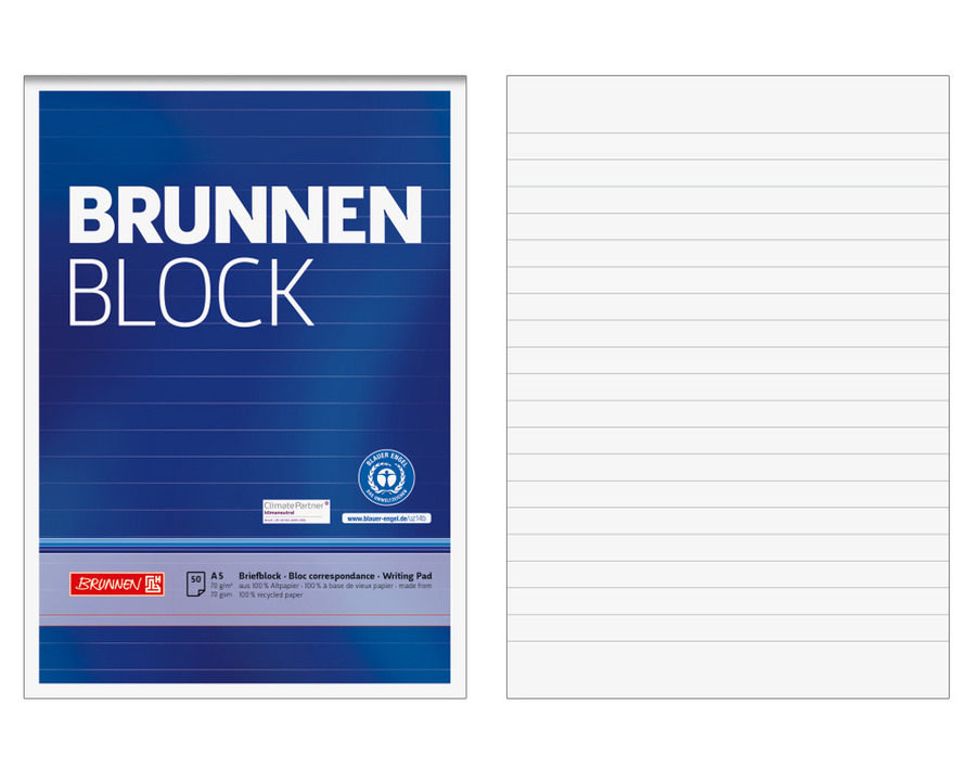 Brunnen Briefblock A5 "Brunnen Block", Recyclingpapier liniert (Lineatur 21) 70g/m² 50Bl.