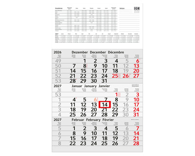 HK Dreimonatskalender 2027, Recyclingpapier 30 x 49 cm 1 Seite = 3 Monate