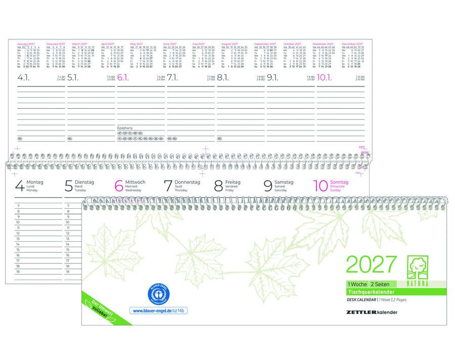 Zettler Querterminkalender 2027 "116", Recyclingpapier grau 2 Seiten = 1 Woche
