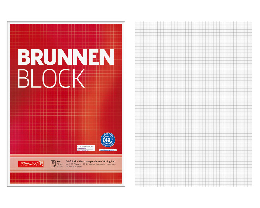 Brunnen Briefblock A4 "Brunnen Block", Recyclingpapier kariert (Lineatur 22) 70g/m² 50Bl.