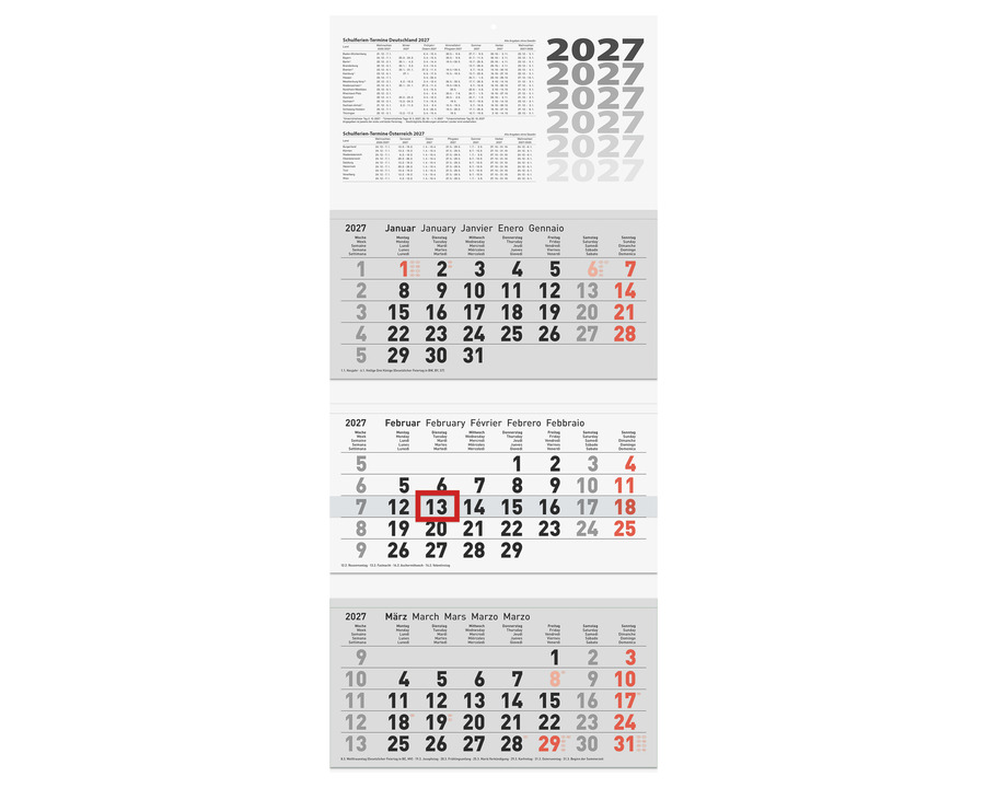 Brunnen Dreimonatskalender 2027 34 x 79 cm 1 Seite = 3 Monate