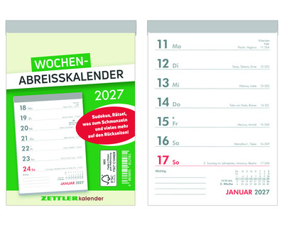 Zettler Abreißkalender 2027 "325" 105 x 146 mm 1 Seite = 1 Woche