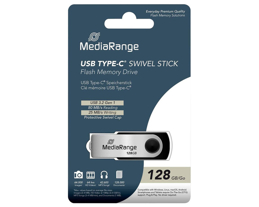 Mediarange USB-Stick 3.2 "Swivel" silber 128GB