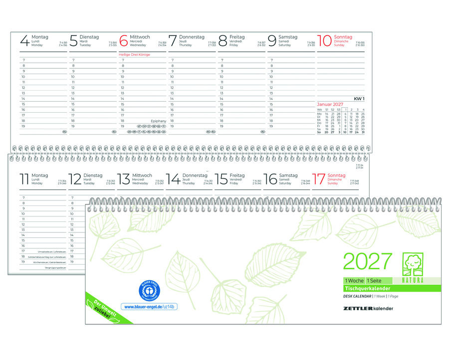 Zettler Querterminkalender 2027 "146", Recyclingpapier grau 1 Seite = 1 Woche